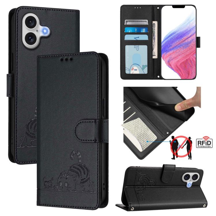 Cat Rat Embossed Pattern RFID Leather Phone Case with Lanyard, For iPhone 18 Pro / 17 Pro, For iPhone 18 Pro Max / 17 Pro Max, For iPhone 17, For iPhone Air, For iPhone 17e / 16e, For iPhone 15 Pro Max, For iPhone 15 Pro, For iPhone 15 Plus