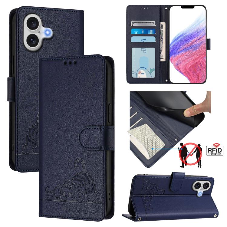 Cat Rat Embossed Pattern RFID Leather Phone Case with Lanyard, For iPhone 18 Pro / 17 Pro, For iPhone 18 Pro Max / 17 Pro Max, For iPhone 17, For iPhone Air, For iPhone 17e / 16e, For iPhone 15 Pro Max, For iPhone 15 Pro, For iPhone 15 Plus