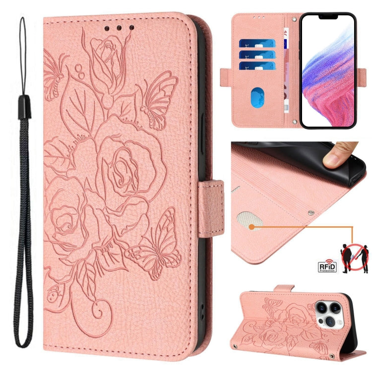 Embossed Rose RFID Anti-theft Leather Phone Case, For iPhone 16, For iPhone 15 Pro Max, For iPhone 15 Pro, For iPhone 15 Plus, For iPhone 15, For iPhone 14 Plus, For iPhone 14 / 13, For iPhone 14 Pro