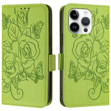 Load image into Gallery viewer, Embossed Rose RFID Anti-theft Leather Phone Case, For iPhone 14 Pro Max, For iPhone SE 2022 / SE 2020 / 8 / 7, For iPhone 13 Pro Max, For iPhone 13 Pro, For iPhone 13 mini, For iPhone 12  / 12 Pro, For iPhone 12 Pro Max, For iPhone 12 mini