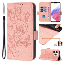 Load image into Gallery viewer, Embossed Rose RFID Anti-theft Leather Phone Case, For iPhone 16, For iPhone 15 Pro Max, For iPhone 15 Pro, For iPhone 15 Plus, For iPhone 15, For iPhone 14 Plus, For iPhone 14 / 13, For iPhone 14 Pro