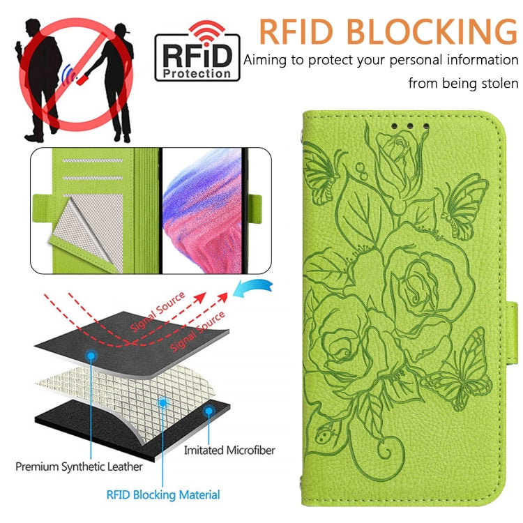 Embossed Rose RFID Anti-theft Leather Phone Case, For iPhone 16, For iPhone 15 Pro Max, For iPhone 15 Pro, For iPhone 15 Plus, For iPhone 15, For iPhone 14 Plus, For iPhone 14 / 13, For iPhone 14 Pro