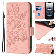 Load image into Gallery viewer, Embossed Rose RFID Anti-theft Leather Phone Case, For iPhone 17 Pro Max, For iPhone 17 Pro, For iPhone 17, For iPhone Air, For iPhone SE 2024, For iPhone 16 Pro Max, For iPhone 16 Pro, For iPhone 16 Plus