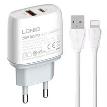 Load image into Gallery viewer, LDNIO Q229 QC3.0 / PD20W USB + Type-C Fast Charger with 1m USB to 8 Pin Cable, EU Plug, UK Plug, US Plug