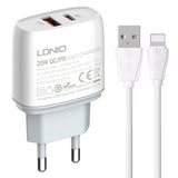 LDNIO Q229 QC3.0 / PD20W USB + Type-C Fast Charger with 1m USB to 8 Pin Cable, EU Plug, UK Plug, US Plug