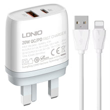 Load image into Gallery viewer, LDNIO Q229 QC3.0 / PD20W USB + Type-C Fast Charger with 1m USB to 8 Pin Cable, EU Plug, UK Plug, US Plug