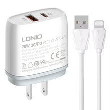 Load image into Gallery viewer, LDNIO Q229 QC3.0 / PD20W USB + Type-C Fast Charger with 1m USB to 8 Pin Cable, EU Plug, UK Plug, US Plug