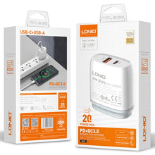Load image into Gallery viewer, LDNIO Q229 QC3.0 / PD20W USB + Type-C Fast Charger with 1m USB to 8 Pin Cable, EU Plug, UK Plug, US Plug