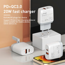 Load image into Gallery viewer, LDNIO Q229 QC3.0 / PD20W USB + Type-C Fast Charger with 1m USB to 8 Pin Cable, EU Plug, UK Plug, US Plug