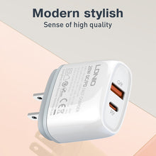 Load image into Gallery viewer, LDNIO Q229 QC3.0 / PD20W USB + Type-C Fast Charger with 1m USB to 8 Pin Cable, EU Plug, UK Plug, US Plug