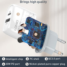 Load image into Gallery viewer, LDNIO Q229 QC3.0 / PD20W USB + Type-C Fast Charger with 1m USB to 8 Pin Cable, EU Plug, UK Plug, US Plug
