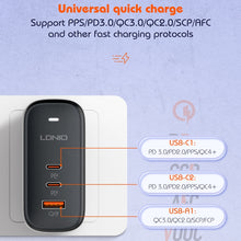 Load image into Gallery viewer, LDNIO Q366 65W USB + Dual Type-C Port Charger with 1m USB-C / Type-C to USB-C / Type-C Data Cable, EU Plug, UK Plug, US Plug