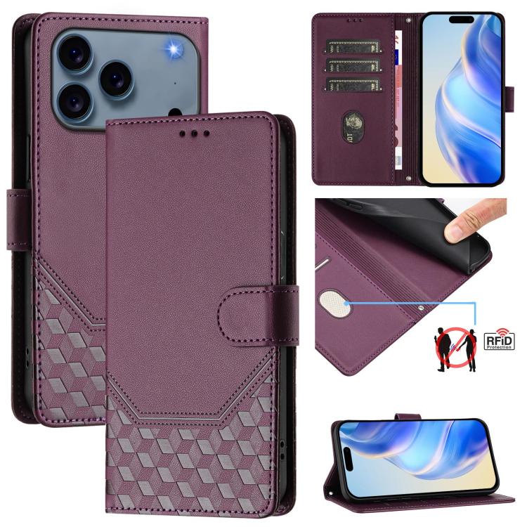 Honeycomb Embossing RFID Leather Phone Case, For iPhone 18 Pro / 17 Pro, For iPhone 18 Pro Max / 17 Pro Max, For iPhone 17e / 16e, For iPhone 17, For iPhone Air, For iPhone 16 Pro Max, For iPhone 16 Pro, For iPhone 16 Plus
