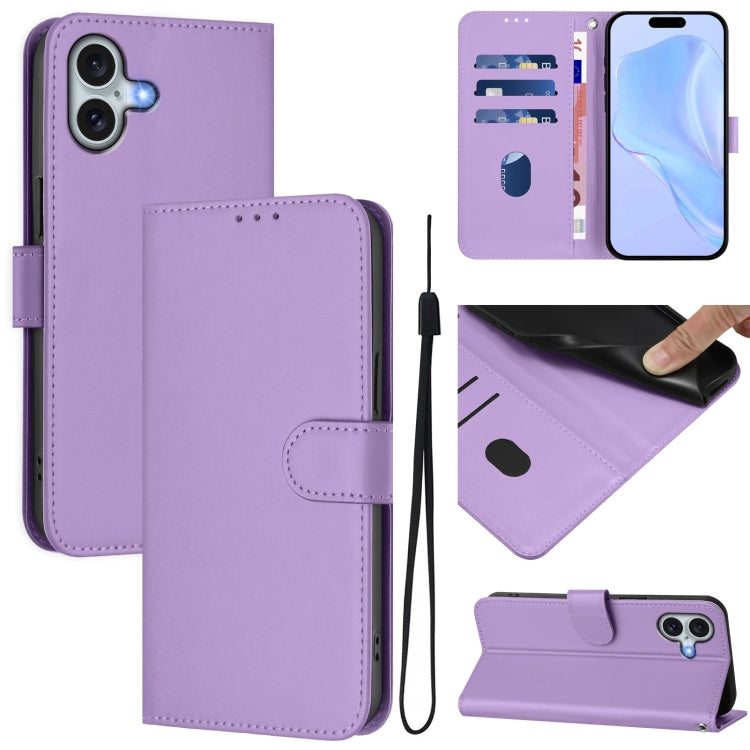 Skin Feel Solid Color Leather Phone Case with Lanyard, For iPhone 16 Pro, For iPhone 16 Plus
