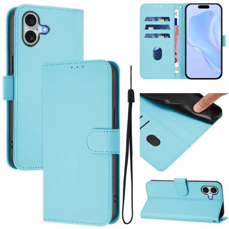 Skin Feel Solid Color Leather Phone Case with Lanyard, For iPhone 16 Pro, For iPhone 16 Plus