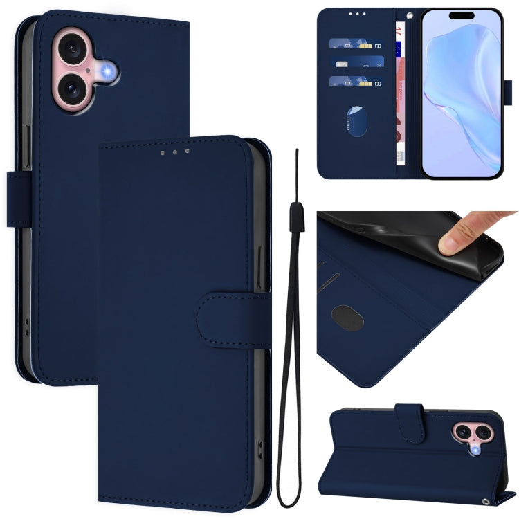 Skin Feel Solid Color Leather Phone Case with Lanyard, For iPhone 16, For iPhone 15 Pro Max