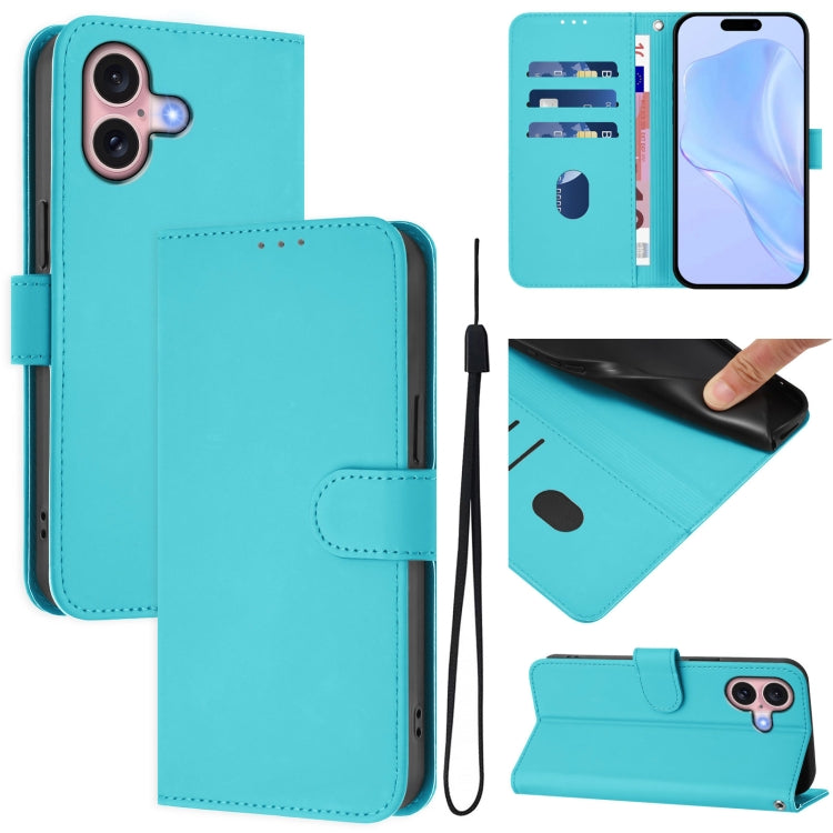 Skin Feel Solid Color Leather Phone Case with Lanyard, For iPhone 16, For iPhone 15 Pro Max