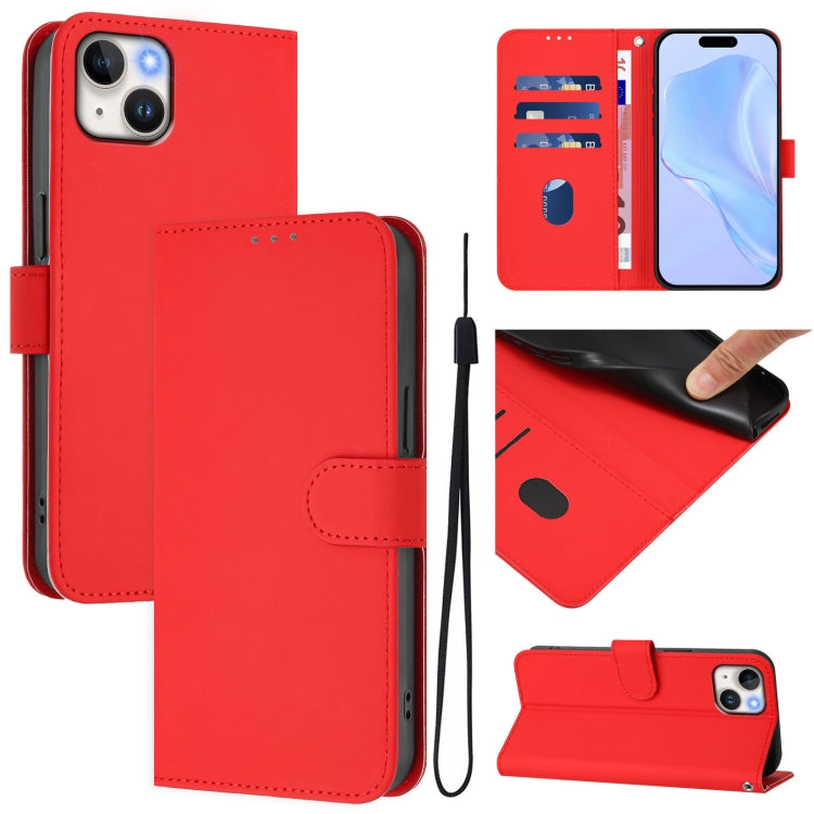 Skin Feel Solid Color Leather Phone Case with Lanyard, For iPhone 15 Pro, For iPhone 15 Plus