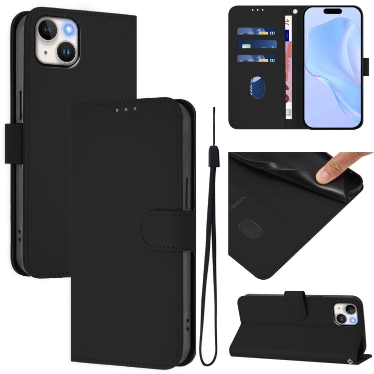 Skin Feel Solid Color Leather Phone Case with Lanyard, For iPhone 15 Pro, For iPhone 15 Plus