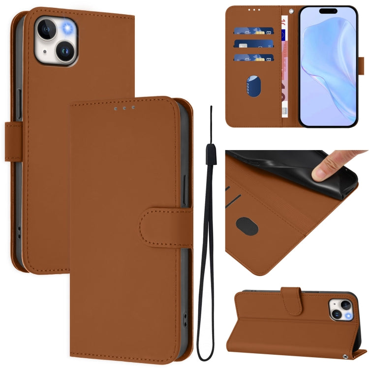 Skin Feel Solid Color Leather Phone Case with Lanyard, For iPhone 15, For iPhone 14 Plus