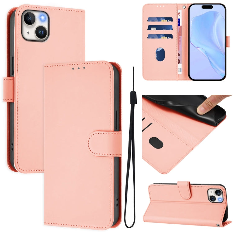 Skin Feel Solid Color Leather Phone Case with Lanyard, For iPhone 15, For iPhone 14 Plus