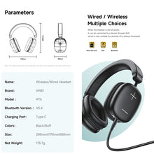 Load image into Gallery viewer, awei AT6 Wireless Bluetooth V5.4 Hi-Fi Stereo Headphones