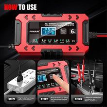 Load image into Gallery viewer, FOXSUR FBC1206F 12V 6A Car Motorcycle Battery Charger Smart Repair Multi-function Charger, EU Plug, US Plug, UK Plug, AU Plug