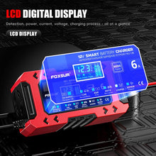 Load image into Gallery viewer, FOXSUR FBC1206F 12V 6A Car Motorcycle Battery Charger Smart Repair Multi-function Charger, EU Plug, US Plug, UK Plug, AU Plug