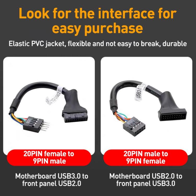 2pcs Computer Motherboard USB3.0 Adapter Cable, 20 Pin Male to 9 Pin Female, 9 Pin Male to 20 Pin Female