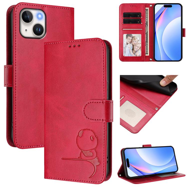 Litter Panda Embossing RFID Leather Phone Case with Lanyard, For iPhone 16, For iPhone 15 Pro Max, For iPhone 15 Pro, For iPhone 15 Plus, For iPhone 15, For iPhone 14 Plus, For iPhone 14 / 13, For iPhone 14 Pro