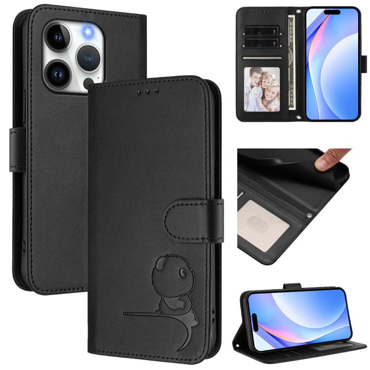 Litter Panda Embossing RFID Leather Phone Case with Lanyard, For iPhone 16, For iPhone 15 Pro Max, For iPhone 15 Pro, For iPhone 15 Plus, For iPhone 15, For iPhone 14 Plus, For iPhone 14 / 13, For iPhone 14 Pro