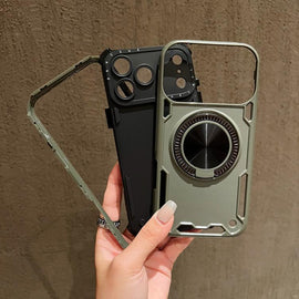 Three-core Mecha 360 Degree Rotation Magnetic Holder Phone Case, For iPhone 17 Pro Max, For iPhone 17 Pro, For iPhone 16 Pro Max, For iPhone 16 Pro, For iPhone 16 Plus, For iPhone 16, For iPhone 15 Pro Max, For iPhone 15, For iPhone 14                 ...