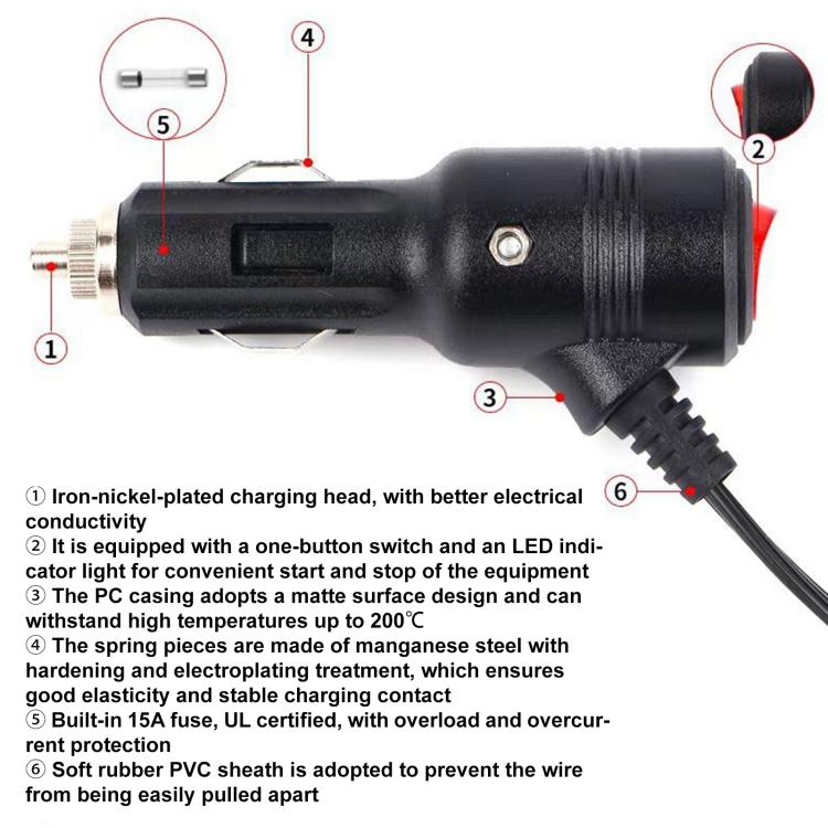12V-24V 2 in 1 Car Cigarette Lighter Extension Cable with Switch, 0.2m, 0.6m, 1m