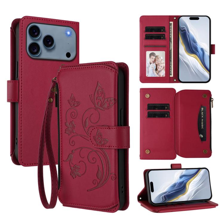Butterfly Love Flower Multi-card Zipper Wallet Leather Phone Case, For iPhone 18 Pro / 17 Pro, For iPhone 18 Pro Max / 17 Pro Max, For iPhone 17e / 16e, For iPhone 17, For iPhone Air, For iPhone 16 Pro Max