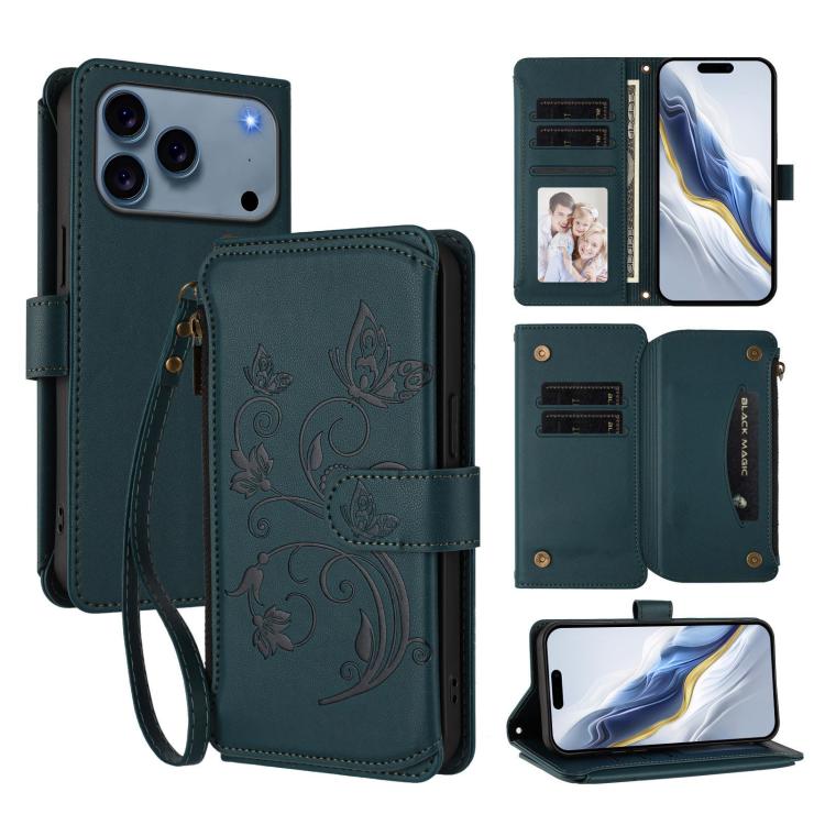 Butterfly Love Flower Multi-card Zipper Wallet Leather Phone Case, For iPhone 18 Pro / 17 Pro, For iPhone 18 Pro Max / 17 Pro Max, For iPhone 17e / 16e, For iPhone 17, For iPhone Air, For iPhone 16 Pro Max