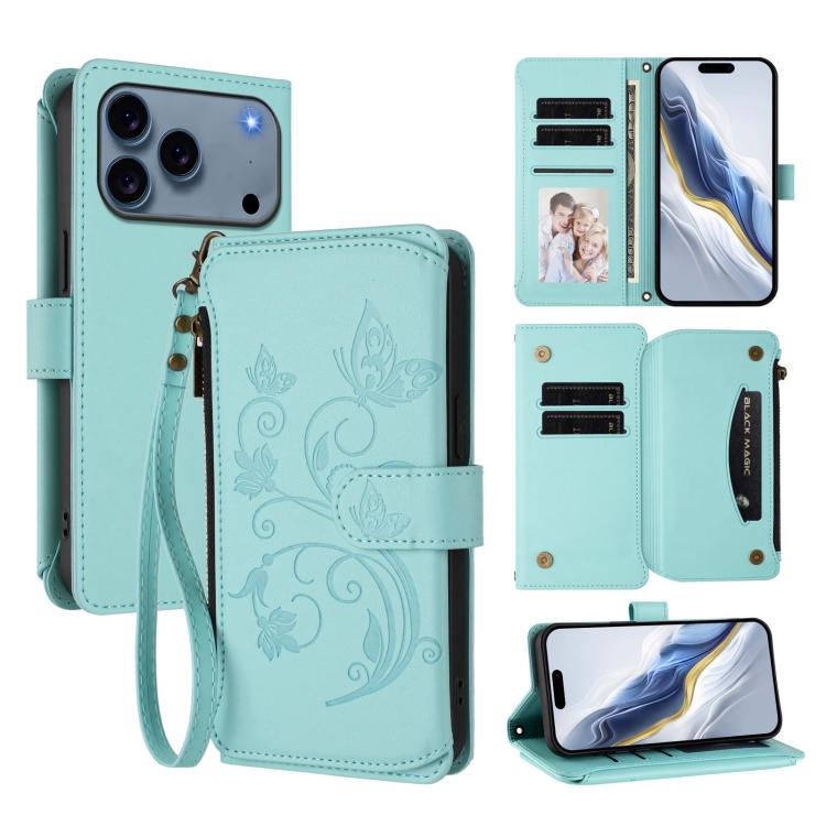 Butterfly Love Flower Multi-card Zipper Wallet Leather Phone Case, For iPhone 18 Pro / 17 Pro, For iPhone 18 Pro Max / 17 Pro Max, For iPhone 17e / 16e, For iPhone 17, For iPhone Air, For iPhone 16 Pro Max
