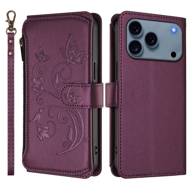 Butterfly Love Flower Multi-card Zipper Wallet Leather Phone Case, For iPhone 18 Pro / 17 Pro, For iPhone 18 Pro Max / 17 Pro Max, For iPhone 17e / 16e, For iPhone 17, For iPhone Air, For iPhone 16 Pro Max