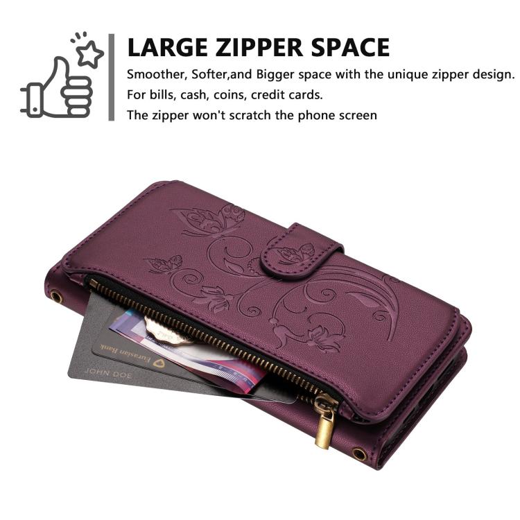 Butterfly Love Flower Multi-card Zipper Wallet Leather Phone Case, For iPhone 18 Pro / 17 Pro, For iPhone 18 Pro Max / 17 Pro Max, For iPhone 17e / 16e, For iPhone 17, For iPhone Air, For iPhone 16 Pro Max