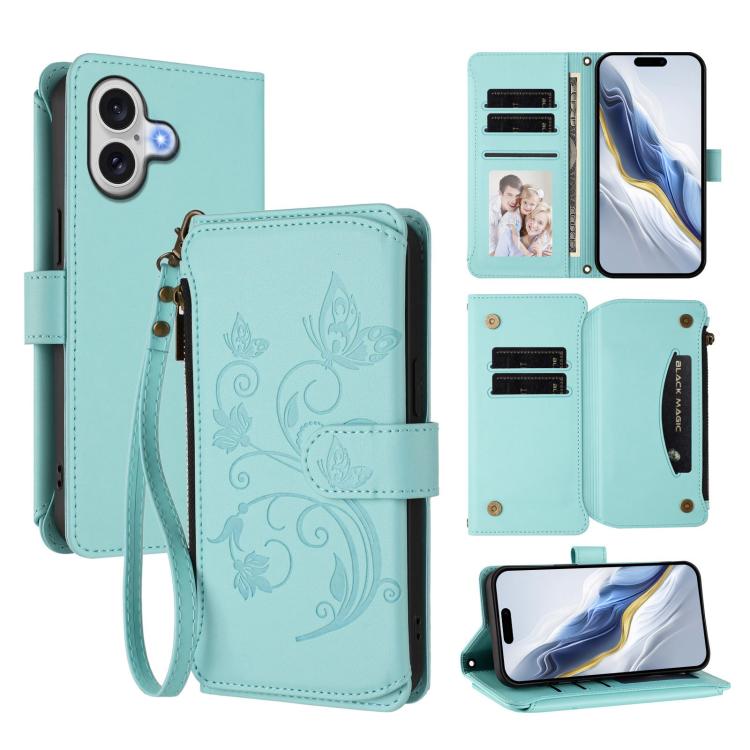 Butterfly Love Flower Multi-card Zipper Wallet Leather Phone Case, For iPhone 17e / 16e, For iPhone 17 Pro Max, For iPhone 17 Pro, For iPhone 17, For iPhone Air, For iPhone 16 Pro Max