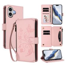 Load image into Gallery viewer, Butterfly Love Flower Multi-card Zipper Wallet Leather Phone Case, For iPhone 17e / 16e, For iPhone 17 Pro Max, For iPhone 17 Pro, For iPhone 17, For iPhone Air, For iPhone 16 Pro Max