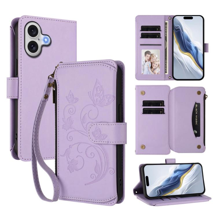 Butterfly Love Flower Multi-card Zipper Wallet Leather Phone Case, For iPhone 17e / 16e, For iPhone 17 Pro Max, For iPhone 17 Pro, For iPhone 17, For iPhone Air, For iPhone 16 Pro Max