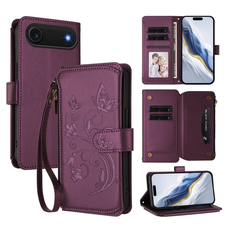 Butterfly Love Flower Multi-card Zipper Wallet Leather Phone Case, For iPhone 17e / 16e, For iPhone 17 Pro Max, For iPhone 17 Pro, For iPhone 17, For iPhone Air, For iPhone 16 Pro Max
