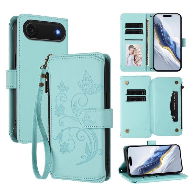 Butterfly Love Flower Multi-card Zipper Wallet Leather Phone Case, For iPhone 17e / 16e, For iPhone 17 Pro Max, For iPhone 17 Pro, For iPhone 17, For iPhone Air, For iPhone 16 Pro Max