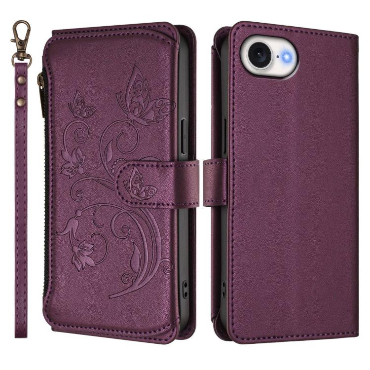 Butterfly Love Flower Multi-card Zipper Wallet Leather Phone Case, For iPhone 17e / 16e, For iPhone 17 Pro Max, For iPhone 17 Pro, For iPhone 17, For iPhone Air, For iPhone 16 Pro Max
