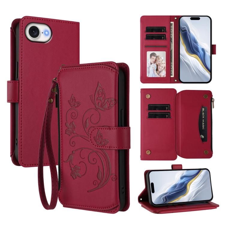 Butterfly Love Flower Multi-card Zipper Wallet Leather Phone Case, For iPhone 17e / 16e, For iPhone 17 Pro Max, For iPhone 17 Pro, For iPhone 17, For iPhone Air, For iPhone 16 Pro Max