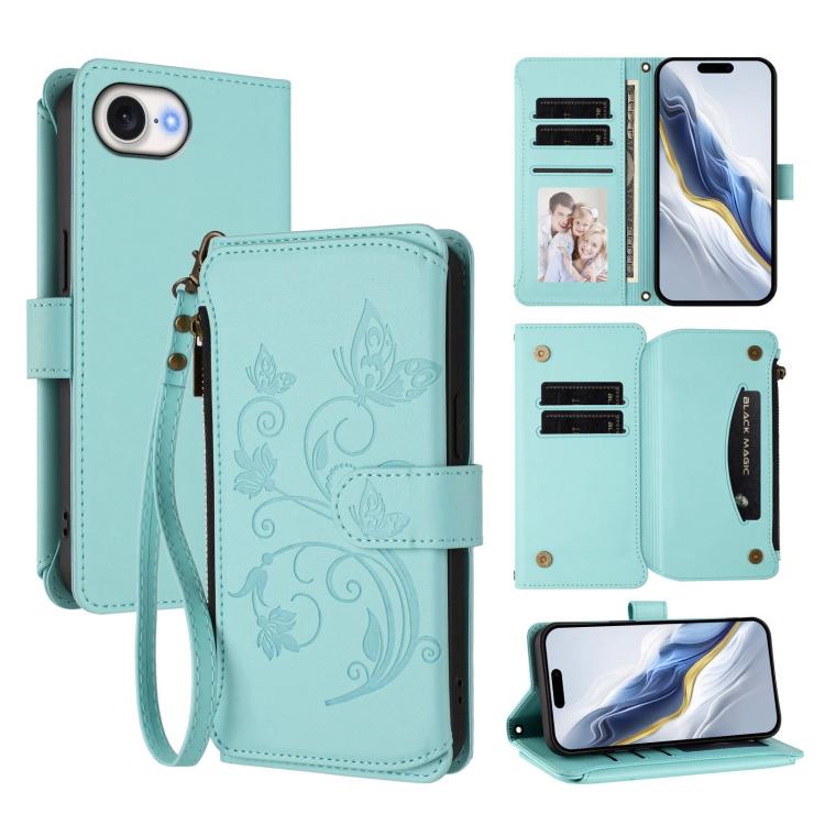 Butterfly Love Flower Multi-card Zipper Wallet Leather Phone Case, For iPhone 17e / 16e, For iPhone 17 Pro Max, For iPhone 17 Pro, For iPhone 17, For iPhone Air, For iPhone 16 Pro Max