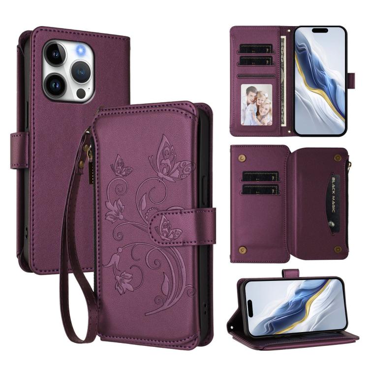 Butterfly Love Flower Multi-card Zipper Wallet Leather Phone Case, For iPhone 17e / 16e, For iPhone 17 Pro Max, For iPhone 17 Pro, For iPhone 17, For iPhone Air, For iPhone 16 Pro Max