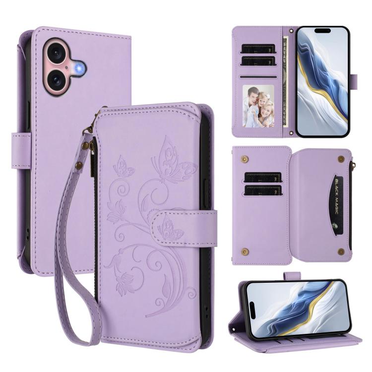 Butterfly Love Flower Multi-card Zipper Wallet Leather Phone Case, For iPhone 16 Pro, For iPhone 16 Plus, For iPhone 16, For iPhone 15 Pro Max, For iPhone 15 Pro, For iPhone 15 Plus