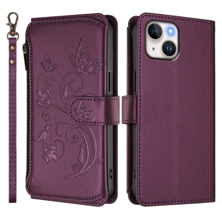 Butterfly Love Flower Multi-card Zipper Wallet Leather Phone Case, For iPhone 15, For iPhone 14 Plus, For iPhone 14 / 13, For iPhone 14 Pro, For iPhone 14 Pro Max, For iPhone 7 / 8 / SE 2022