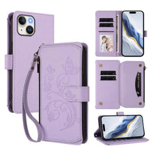 Load image into Gallery viewer, Butterfly Love Flower Multi-card Zipper Wallet Leather Phone Case, For iPhone 15, For iPhone 14 Plus, For iPhone 14 / 13, For iPhone 14 Pro, For iPhone 14 Pro Max, For iPhone 7 / 8 / SE 2022